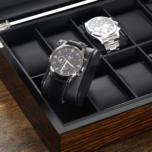 BEWISHOME Watch Box -10 Slot Wooden Watch Cases for Men Watch Storage with Real Glass Top, Mens Watch Organizer Holder with Removable Pillows, Smooth PU Leather Interior, Brown SSH10Y