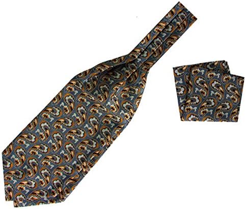 Kebs Mens Paisley Jacquard Woven Ascot Cravat Tie & Pocket Square Set Gunmetal Grey & Orange