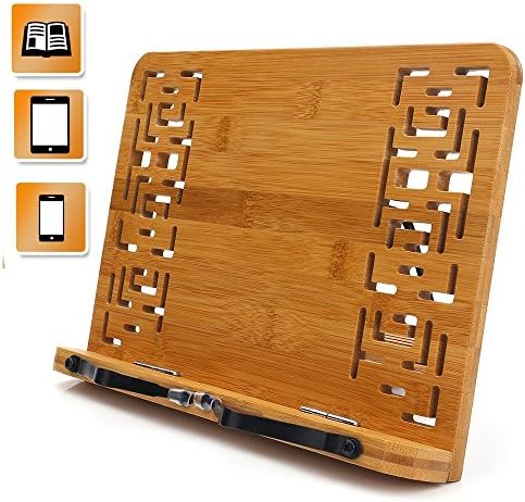 TimedMALL 180 Angle Adjustable Bamboo Book Stand - Reading Rest Holder Cookbook Stand/Foldable Tablet PC Textbook/Music Document Stand/Desk Bookrest with Retro Hollow Elegant （9.4 x 13.4 x 1.7 inch