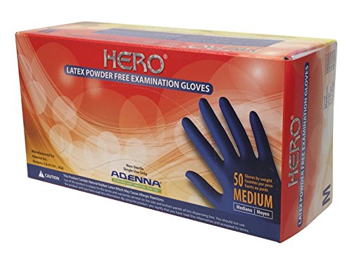 Adenna Hero 14 mil Latex Powder Free Exam Gloves (Blue, Medium) Box of 50
