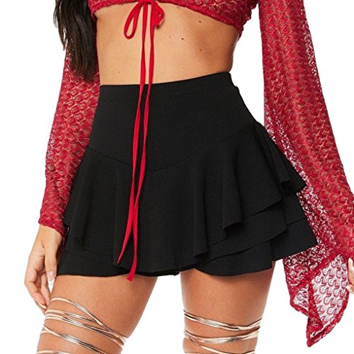 Women's Elastic Waist Casual A Line Layered Ruffled Frill Skorts High Waisted Mini Skirt Shorts (Black, M)