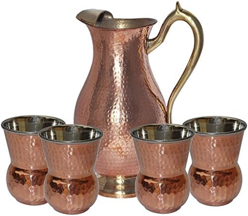 CHRISTMAS GIFT "JAI GURU JI" Royal Mughlai Jug Pitcher (Capacity - 64.24 oz) with 4 Copper matka Tumbler - CHRISTMAS GIFT