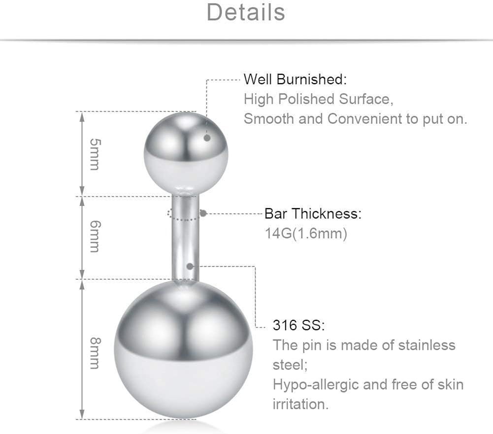 Funseedrr 3pcs Short Belly Button Ring Set Surgical Steel 14 Gauge 6mm Navel Ear Bars Piercing Jewellery, Silver, 1.6mm - Image 4