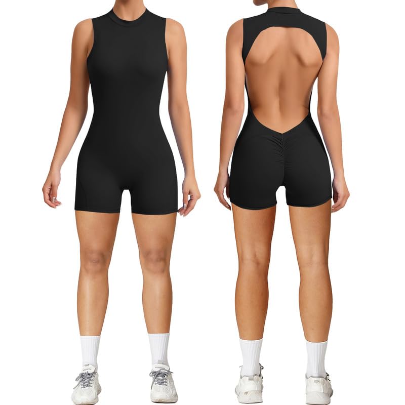 Photo 1 of Litthing Women Short Jumpsuit Backless Scrunch Butt Workout Rompers V Back Yoga One Piece Unitards Sleeveless Gym Bodycon