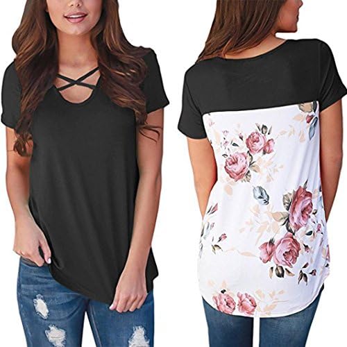 Women Casual Short Sleeve Flower Floral Printed T-Shirt Blouse Tops (USS=Label SizeM, Black)