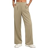 Feiersi Women Stretchy Wide Leg Pants Soft Elastic High Waisted Casual Palazzo Pants Trousers with Pockets(Light Khaki,Large)