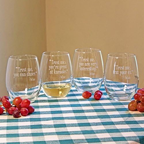Assorted 21 Ounce TRUST ME Stemless Clear Etched Drinkware Wine Glass (Set of 4)