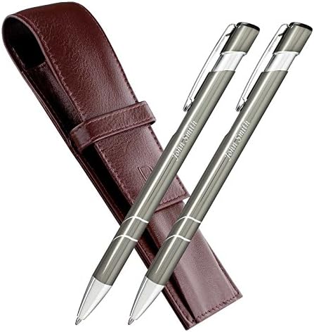 Laser Engraved Personalised Gift 2 x Aluminium Ballpoint Pen Set with Leather Pouch Pagani Dark Brown - Star Granite & Granite