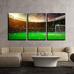 3 Piece Canvas Wall Art - Evening Stadium Arena Soccer Field Championship Win. Confetti and Tinsel - Modern Home Art Stretched and Framed Ready to Hang - 16"x24"x3 Panels