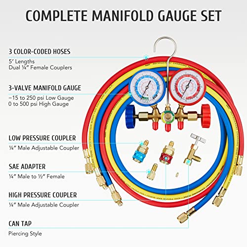 OMT AC Gauges, Automotive AC Gauge Set for R134a R12 R22 R502, 3 Way AC