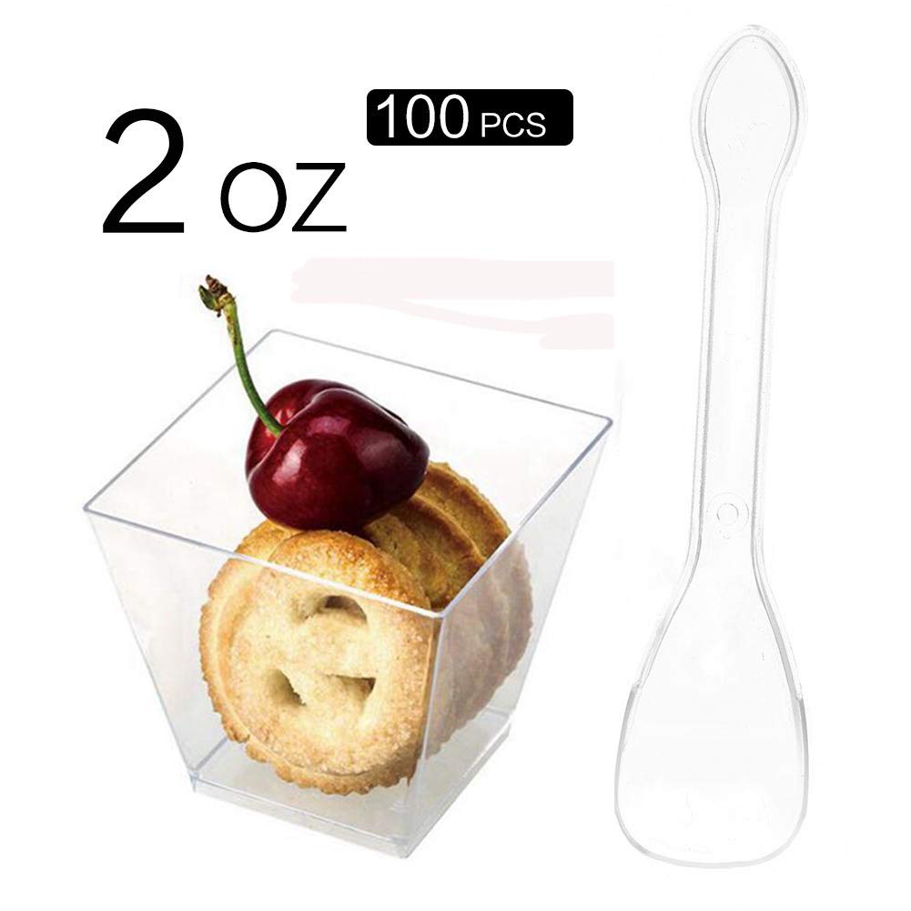 SZUAH Disposable Mini Desert Cups, Clear Plastic Appetizer Cups with Spoons, 2oz for Appetizer, Catering Supplies, Tumblers Shooters[100 Pack, Square] …