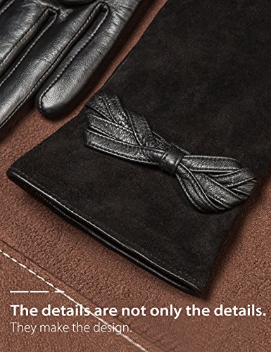 YISEVEN Women's Touchscreen Sheepskin Suede Dress Leather Gloves Bow Elegant Bow Knot Hand Warm Flecce Fur Lined Work Xmas Gifts Ladies Winter Accessories Luxury Driving, Black 7.5"/Large