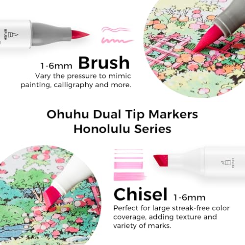Ohuhu Marcadores Pastel Punta Pincel - 48 Colores Pastel Doble Punta, Set de Marcadores Honolulu Sweetness para Artistas Adultos Colorear Bocetos Ilustración - Pincel y Cincel