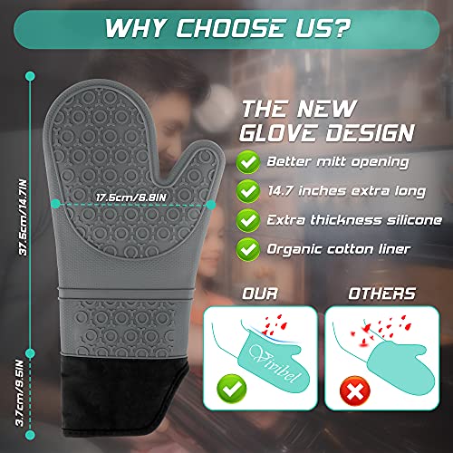 Silikon Ofenhandschuh 6er-Set, Hitzebeständige Topfhandschuhe 1 Paar mit 2 Topflappen Untersetzer & 2 Mini Rutschfeste Silikon Griff Quetschhandschuhe - Wasserfest, Leicht zu Reinigen (Schwarz)