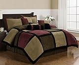 Chezmoi Collection Micro Suede Patchwork 7-Piece Comforter Set, Full or Double, Brown/Burgundy/Black