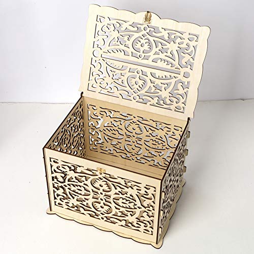 dezirZJjx Wooden Cards Box, DIY Wedding Gift Cards Box Party Decoration Hollow Case Holder with Lock - Thumbnail 6