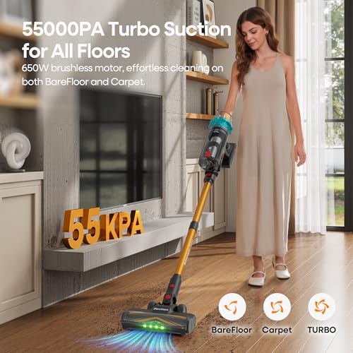 ElecKeys Cordless Vacuum Cleaner, 650W 55KPA 70Mins Vacuum Cleaners for Home, Self-Standing Stick Vacuum with Touch Screen, Anti-Tangle, Lightweight Wireless Vacuum for Hard Floor/Carpet/Pet Hair/Car