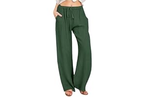 LEHOZIHEQ Women's Cotton Linen Palazzo Pants Summer Solid Trousers Elastic High Waist Wide Leg Pants with Pockets