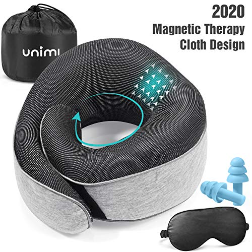 Unimi Travel Pillow,100% Pure Memory Foam & Magnetic Therapy Neck Pillow Soft & Comfortable 2020 Airplane Pillow with Silk Sleep Mask Earplugs for Airplane,Car,Travel,Nap