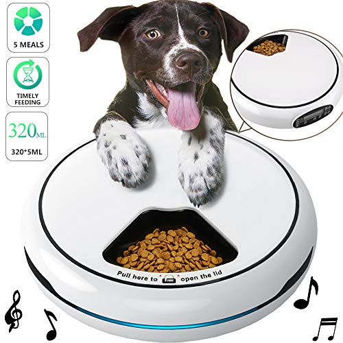 Pawzone Pet Automatic Feeder Cats Dogs Food Dispenser, Distribution Alarms, Programmable Timer 5 Meal Trays Dry Wet,Voice Recorder,LCD Smart Digital Clock