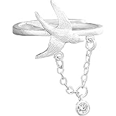Swallow Bird Chain Wrap Matte Ring for Women Silver Plated Adjustable CZ Bezel Tassel Charms Dangle Drop Band Finger Rings Expandable Comfort Fit Fashion Animal Statement Wedding Holiday Jewelry
