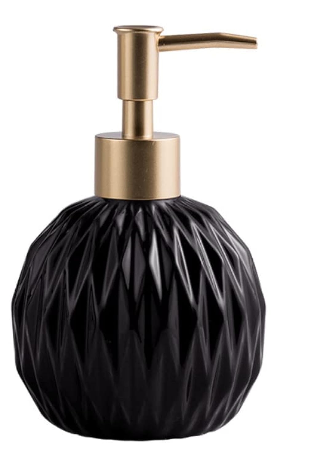 Ceramics Gold Soap Dispenser for Bathroom, Round Soap Dispenser with Delicate Embossed Rhombus Design (Black)