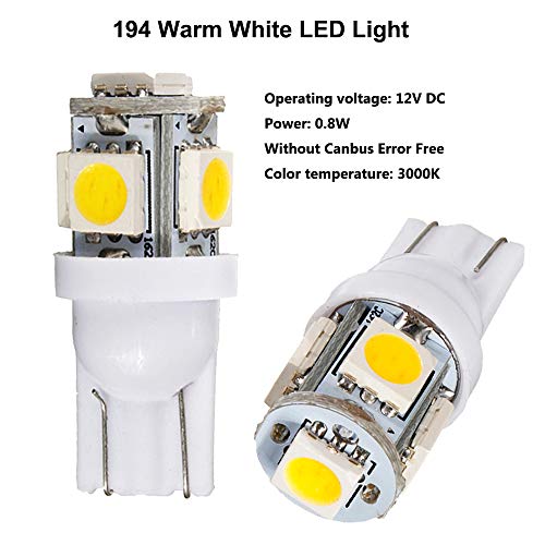 30-Pack 194 T10 168 2825 Warm White Led Light 12V,Amazenar 5 Smd 5050 Chipset Car Interior Replacement W5W 175 158 Bulb For Map Dome Courtesy Trunk License Plate Dashboard Side Marker Parking Light (7842612831251)