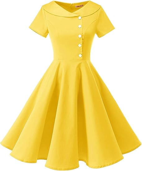 Amazon レディース ワンピース 1950年代 パーティー ドレス ボタンの飾り Aライン 膝丈 着痩せ 可愛い洋服 結婚式 ドレス ワンピース チュニック 通販