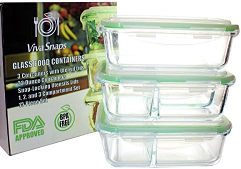 Versatile 3 Glass Meal Prep Container Set w/1, 2 and 3 Compartments│3 Airtight Locking Lids w/3 Cutlery Sets│Portion Control│Food Storage│Bento Box│Microwave,Oven,Freezer,Dishwasher Safe