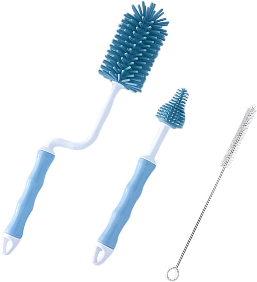 Flaschenbürste Set, Babyflaschenbürste Reiniger 360 ° Rotieren Langen Griff einfach zu Säubern, Milch Schlauchbürste Schnullerbürste Reinigungsset Spülbürsten für Plastikflaschen Glasflaschen (Blau)