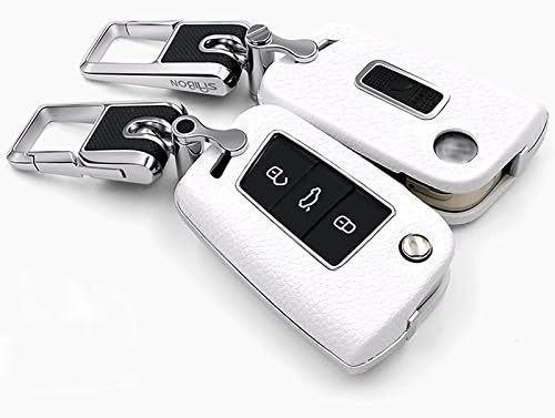 Saibon WHITE Protective Genuine Leather Top Layer Hard Back Folding Key Remote Entry Fob Case Keychain for Volkswagen MK7 Generation 3 Button