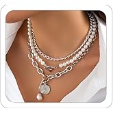 LKingel Layered Gold Necklaces for Women Trendy Chunky Layered Choker Necklace Vintage Faux Pearls Multi-layered Necklaces Gold OT Clasp Portrait Chain Necklace 90s Freaknik Outfit Accessories for Women