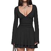 Misng Women's Sexy V Neck Ruffle Hem Mini Dress Long Sleeve Ruched Waist Short Party Dress