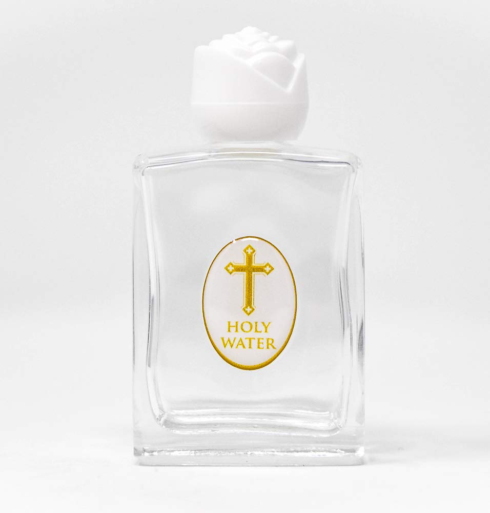Catholic Gift Shop Lourdes Gifts - Glass Holy Water Bottle - White Rose Top, Containing Lourdes Water, Prayer Card