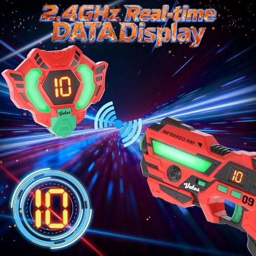VATOS Laser Tag 360° Sensors Set of 4 Players, 2.4GHz Rechargeable Infrared Real Time Data Display Gun, Activity Game Pistols Toys for Children Aged 6+