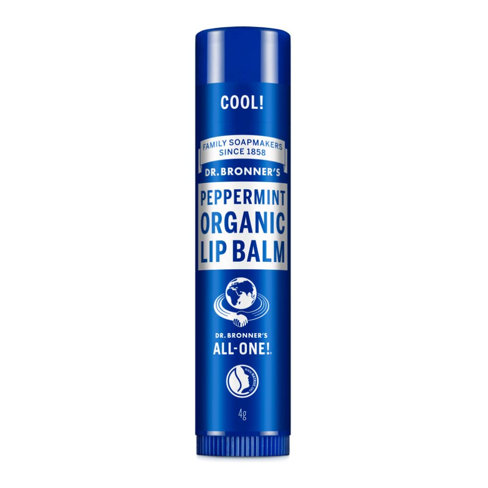 Dr Bronner's Peppermint Lip Balm, Made with No Synthetic Ingredients and Organic Oils. Used for Lips, Dry Hands, Cuticles and Chapped Chins, Certified Fair Trade, 4g Bar