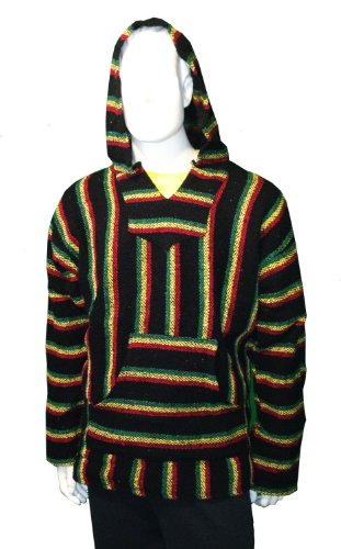 Unisex Jerga/ Baja/ Mexican Blanket Woven Hoodie Hooded Poncho Jacket (Small, Rasta-red-yellow-green)