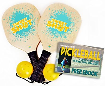 Sweet Shot Pickleball Paddle Set | Includes 2 Comfort Cushion Grip Pickle ball Paddles + 2 Pickleballs + EBook-Beginners Guide to Rules &amp; Tips | Lightweight Racquet for Beginner | Meets USAPA Specs