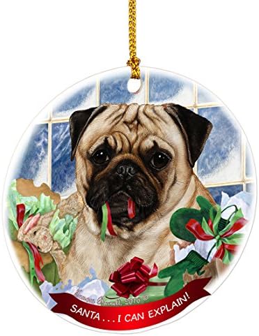 Pug Fawn Santa I Can Explain Happy Howliday Round White Porcelain Hanging Ornament