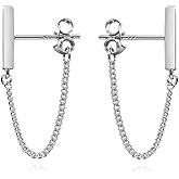 Reffeer Solid 925 Sterling Silver Bar Chain Dangle Earrings Drops for Women Teen Girls Bar Drop Earrings Chain Studs