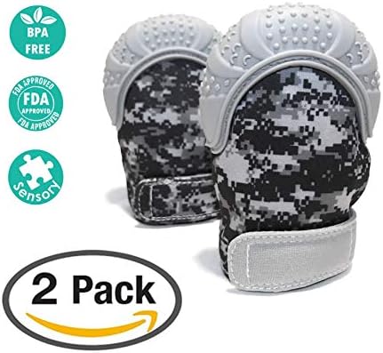 Baby Teething Mitten 2 Pack｜Unique Digital Camo Print｜Self-Soothing/Pain Relief｜BPA-Free/Food-Grade Silicone Includes 2 Free Hygienic Carrying Bags