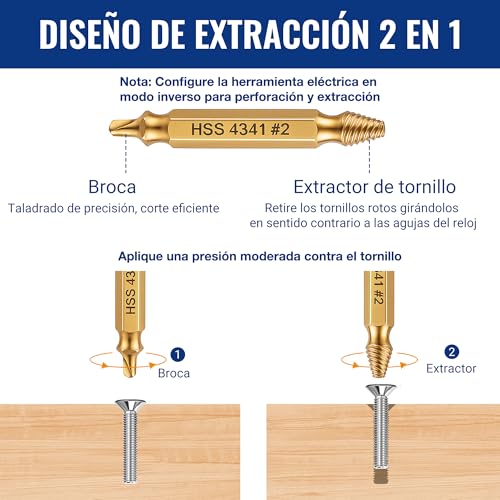 WORKPRO Juego de 6 Extractores de Tornillos Dañados Revestidos de Titanio, Removedores de Pernos Rotos para Tornillos de 2–13 mm con Estuche de Almacenaje