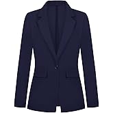 Fitted Blazer for Women Suit Long Sleeve Notched Lapel One Button Blazer with Pockets Casual Work Office(Navy Blue S)