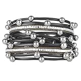 17KM Women Stylish Bracelets Multilayers Silver Beads Leather Bracelets Fashion Charm Wrap Cuff Bracelet for Girls