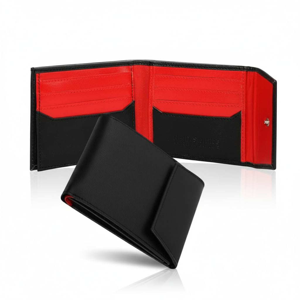 STARHIDE Men’s RFID Blocking Genuine Leather Wallet – Small Slim Card Holder with ID Window, 8 Card Slots, 2 Note Compartments, Gift Boxed - Model 620 (Black Red