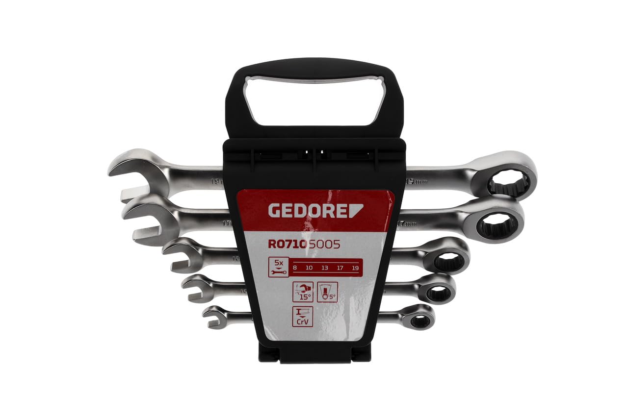 GEDORE red Combination ratchet spanner set with ring ratchet, 5-pc. Set, AF 8-19 mm, Flat, Spanner, R07105005