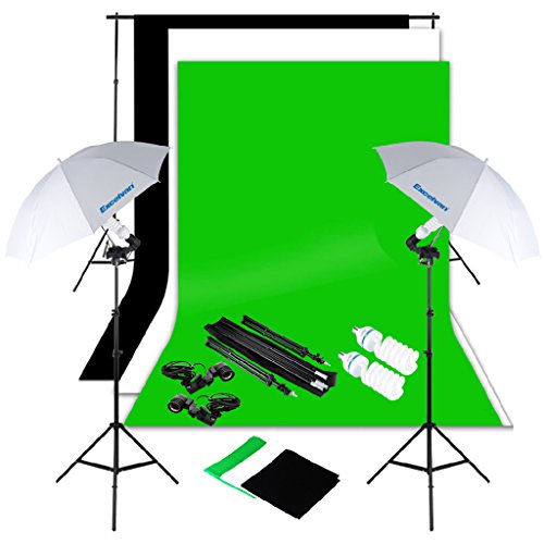 Excelvan Photography Lighting Kit 10x6.5FT 1250W Daylight Umbrella and Backdrop Support Stand and 3 Background 9x6FT, White Black Green