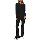 Darong Women 2 Piece Set Fall Outfit Cross Waist Flare Pants Long Sleeve Tunic Top Matching Lounge Set Travel Outfits