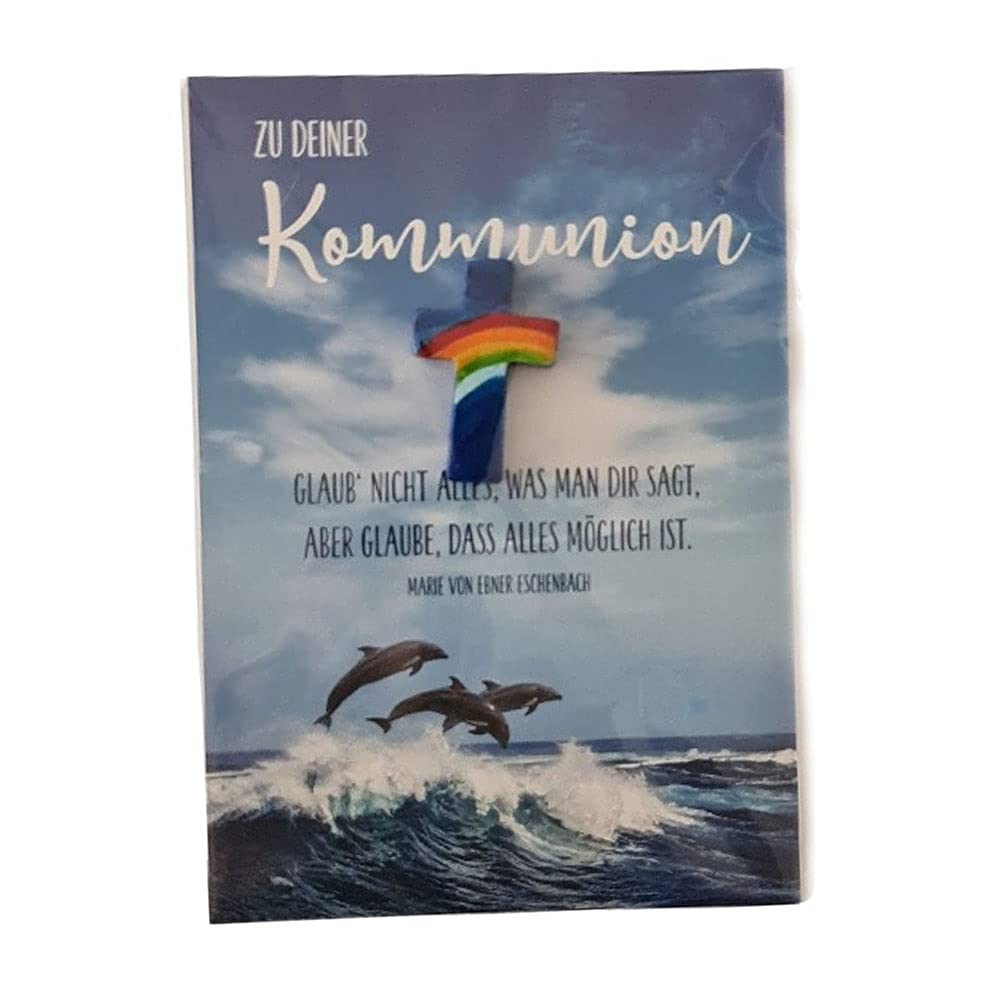 For Your First Communion – Worry Stone Made of Soapstone, Rainbow Cross, approx. 3 cm, Handmade, with Sweet Card