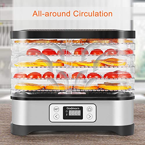 Electric Food Dehydrator Machine, Godmorn Multi-Tier Food Preserver with Digital Timer & Temperature Control from 95ÂºF to 158ÂºF for Beef Jerky, Dried Fruits, Vegetables & Nuts, 5 Stackable Drying Tray